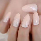 Eda Luxury Beauty Doğal Ten Rengi Bej Simli Takma Tırnak Lüks Parlak Uzun Oval Stiletto Nail Art Yapıştırıcılı Set
