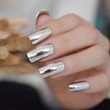 Eda Luxury Beauty Gümüş Metalik Takma Tırnak Lüks Parlak Ayna Efektli Uzun Boy Kare Nail Art Yapıştırıcılı Set