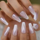Eda Luxury Beauty Inci Pembe Beyaz French Takma Tırnak Lüks Parlak Doğal Desenli Extra Uzun Kare Coffin Nail Art Set