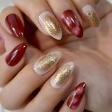 Eda Luxury Beauty Kırmızı Beyaz Altın Simli French Takma Tırnak Lüks Desenli Uzun Oval Stiletto Nail Art Set