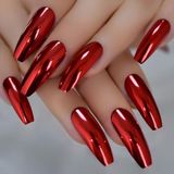 Eda Luxury Beauty Kırmızı Metalik Takma Tırnak Lüks Parlak Extra Uzun Kare Coffin Ballerina Nail Art Set
