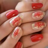Eda Luxury Beauty Kırmızı Şeffaf Simli Altın Takma Tırnak Lüks Desenli Orta Boy Oval Yuvarlak Stiletto Nail Art Set