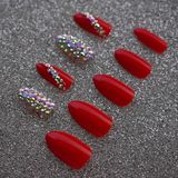 Eda Luxury Beauty Kırmızı Takma Tırnak Lüks Profesyonel Parlak Kristal Taşlı Desenli Uzun Oval Stiletto Nail Art Set