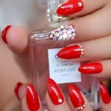 Eda Luxury Beauty Kırmızı Takma Tırnak Lüks Profesyonel Parlak Kristal Taşlı Desenli Uzun Oval Stiletto Nail Art Yapıştırıcılı Set