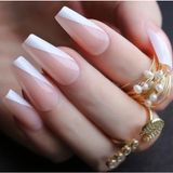 Eda Luxury Beauty Natürel Pembe Beyaz French Takma Tırnak Lüks Doğal Desenli Extra Uzun Kare Ballerina Nail Art Set