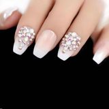 Eda Luxury Beauty Natürel Pembe Beyaz French Takma Tırnak Lüks Kristal Taşlı Desenli Uzun Kare Ballerina Nail Art Set