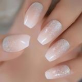 Eda Luxury Beauty Natürel Pembe Beyaz Simli French Takma Tırnak Lüks Desenli Doğal Uzun Kare Ballerina Nail Art Set