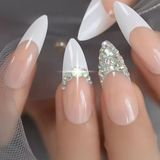 Eda Luxury Beauty Pembe Beyaz French Takma Tırnak Lüks Kristal Taşlı Desenli Uzun Sivri Uçlu Stiletto Nail Art Set