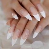 Eda Luxury Beauty Pembe Beyaz Sade French Takma Tırnak Lüks Parlak Extra Uzun Sivri Uçlu Stiletto Nail Art Set