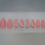 Eda Luxury Beauty Pembe Mat Takma Tırnak Lüks Kristal Taşlı Desenli Uzun Oval Almond Stiletto Nail Art Yapıştırıcılı Set