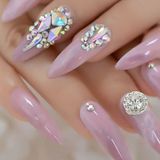 Eda Luxury Beauty Pembe Takma Tırnak Lüks Parlak Kristal Taşlı Mermer Desenli Extra Uzun Sivri Uçlu Stiletto Set
