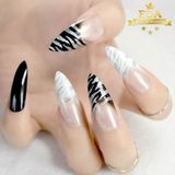 Eda Luxury Beauty Siyah Beyaz Simli French Takma Tırnak Lüks Desenli Extra Uzun Sivri Uçlu Stiletto Nail Art Set