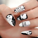 Eda Luxury Beauty Siyah Beyaz Takma Tırnak Lüks Parlak Desenli Uzun Oval Yuvarlak Stiletto Nail Art Set