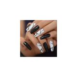 Eda Luxury Beauty Siyah Beyaz Takma Tırnak Lüks Parlak Mermer Desenli Extra Uzun Kare Köşeli Ballerina Nail Art Set