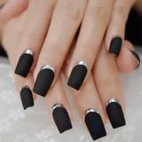 Eda Luxury Beauty Siyah Mat Gümüş French Takma Tırnak Lüks Desenli Medium Orta Boy Kare Ballerina Nail Art Set
