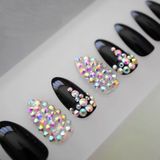 Eda Luxury Beauty Siyah Takma Tırnak Lüks Parlak Beyaz Kristal Taşlı Desenli Uzun Oval Pointed Stiletto Nail Art Set