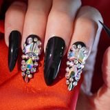 Eda Luxury Beauty Siyah Takma Tırnak Lüks Parlak Kristal Taşlı Desenli Extra Uzun Sivri Uçlu Stiletto Nail Art Set