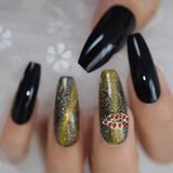 Eda Luxury Beauty Yeşil Siyah Galaksi Takma Tırnak Lüks Taşlı Desenli Extra Uzun Kare Köşeli Ballerina Nail Art Set