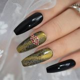 Eda Luxury Beauty Yeşil Siyah Galaksi Takma Tırnak Lüks Taşlı Desenli Extra Uzun Sivri Uçlu Stiletto Nail Art Set