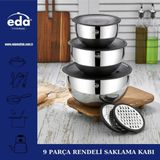 Eda Paslanmaz Çelik 9 Parça Karıştırma Kabı - Rendeli Karıştırma Saklama Kabı Seti Gri