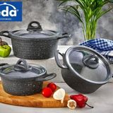 Eda Zk-906 Asya 3lü Granit Derin Tencere Seti Cam Kapaklı Döküm Gri