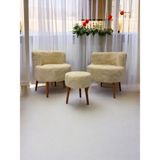 EDAM Krem Teddy Kumaş Çay Seti Ikili Koltuk Berjer ve Puf Takımı (Salon, Balkon, Ofis) 3'lü Takım