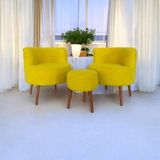 EDAM Sarı Teddy Kumaş Çay Seti Ikili Koltuk Berjer ve Puf Takımı (Salon, Balkon, Ofis) 3'lü Takım