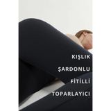 EDAMODA Kadın Siyah Fitilli İçi Polarlı Sıkılaştırıcı Yüksek Bel Tayt KIŞLIK,Şardonlu Tayt