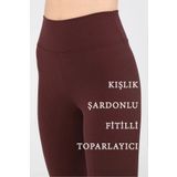 EDAMODA Kadın Yüksek Bel Kahverengi İçi Polarlı Fitilli Kışlık Tayt