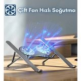 Edewatt Alüminyum Katlanır Fanlı Laptop Tutucu Yükseltici Stand 6 Kademeli Macbook Uyumlu Notebook Standı Sessiz Sıcak Havayı Çeker - 1 - Metalik Gri