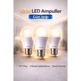 Edison 3 Adet 12W Gün Işığı LED Ampul E27 Duy – Yüksek Aydınlatma Enerji Verimli Tasarruflu - 3'lü