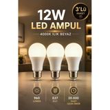 Edison 3 Adet 12W LED Ampul E27 Duy 4000K Ilık Beyaz 960 Lümen Tasarruflu Aydınlatma Ampulü
