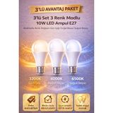 Edison 3 Adet 3 Renk Modlu 10W LED Ampul E27 Duy – Anahtarla Renk Değişen 3 Işık Tek Ampul - 3'lü