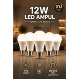Edison 5 Adet 12W LED Ampul E27 Duy 4000K Ilık Beyaz 960 Lümen Tasarruflu Aydınlatma Ampulü
