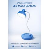 Edison Mavi LED Masa Lambası Şarjlı 3 Kademe Beyaz Işık Dokunmatik Akrobat Çalışma & Gece Lambası