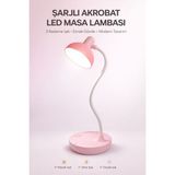 Edison Pembe LED Masa Lambası Şarjlı 3 Kademe Beyaz Işık Dokunmatik Akrobat Çalışma & Gece Lambası
