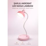 Edison Pembe LED Masa Lambası, Şarjlı, 3 Kademe Beyaz Işık, Dokunmatik, Akrobat