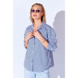 Edition Lacivert Çizgili Oversize Rahat Kalıp Basic Kadın Gömlek Ek100167429yn - XS