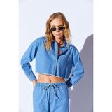 Edition Mavi Crop Soft Dokulu Denim Yıpratma Detaylı Kadın Jean Gömlek - 9600
