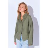 EDITION WOMAN Haki Kolları Salaş Yıkamalı Müslin Oversize Rahat Kalıp Kadın Basic Gömlek| Mks166881-01-6881