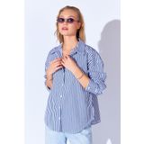 EDITION WOMAN Lacivert Çizgili Oversize Rahat Kalıp Basic Kadın Gömlek EK100167429YN