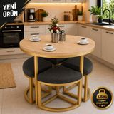 Edmonda Ev Aksesuar Alara 90 cm Çap Gold Metal Yuvarlak Yemek Masası Takımı 4 Kişilik Balkon Masası Takımı Mutfak Masası - Açık Ceviz