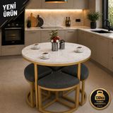 Edmonda Ev Aksesuar Alara 90 cm Çap Gold Metal Yuvarlak Yemek Masası Takımı 4 Kişilik Balkon Masası Takımı Mutfak Masası - Beyaz Mermer