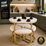 Edmonda Ev Aksesuar Alara 90 cm Çap Gold Metal Yuvarlak Yemek Masası Takımı 4 Kişilik Balkon Masası Takımı Mutfak Masası - Beyaz