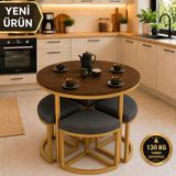 Edmonda Ev Aksesuar Alara 90 cm Çap Gold Metal Yuvarlak Yemek Masası Takımı 4 Kişilik Balkon Masası Takımı Mutfak Masası - Koyu Ceviz