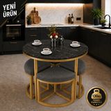 Edmonda Ev Aksesuar Alara 90 cm Çap Gold Metal Yuvarlak Yemek Masası Takımı 4 Kişilik Balkon Masası Takımı Mutfak Masası - Siyah Mermer