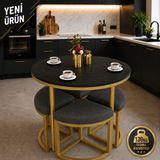 Edmonda Ev Aksesuar Alara 90 cm Çap Gold Metal Yuvarlak Yemek Masası Takımı 4 Kişilik Balkon Masası Takımı Mutfak Masası - Siyah