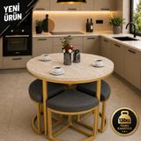 Edmonda Ev Aksesuar Alara 90 cm Çap Gold Metal Yuvarlak Yemek Masası Takımı 4 Kişilik Balkon Masası Takımı Mutfak Masası - Traverten