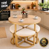 Edmonda Ev Aksesuar Alara 90 cm Çap Siyah Metal Yuvarlak Yemek Masası Takımı 4 Kişilik Balkon Masası Takımı Mutfak Masası - Açık Ceviz