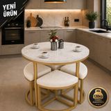 Edmonda Ev Aksesuar Alara 90 cm Çap Siyah Metal Yuvarlak Yemek Masası Takımı 4 Kişilik Balkon Masası Takımı Mutfak Masası - Beyaz Mermer